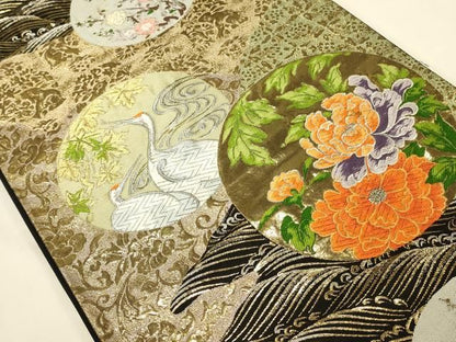 平和屋本店▼六通柄袋帯　唐織　鶴花丸文　九百錦純金箔24K　黒地　正絹　逸品　DABL9253op