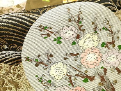 平和屋本店▼六通柄袋帯　唐織　鶴花丸文　九百錦純金箔24K　黒地　正絹　逸品　DABL9253op