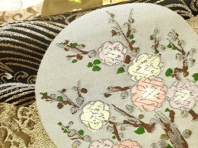 平和屋本店▼六通柄袋帯　唐織　鶴花丸文　九百錦純金箔24K　黒地　正絹　逸品　DABL9253op