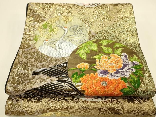 平和屋本店▼六通柄袋帯　唐織　鶴花丸文　九百錦純金箔24K　黒地　正絹　逸品　DABL9253op