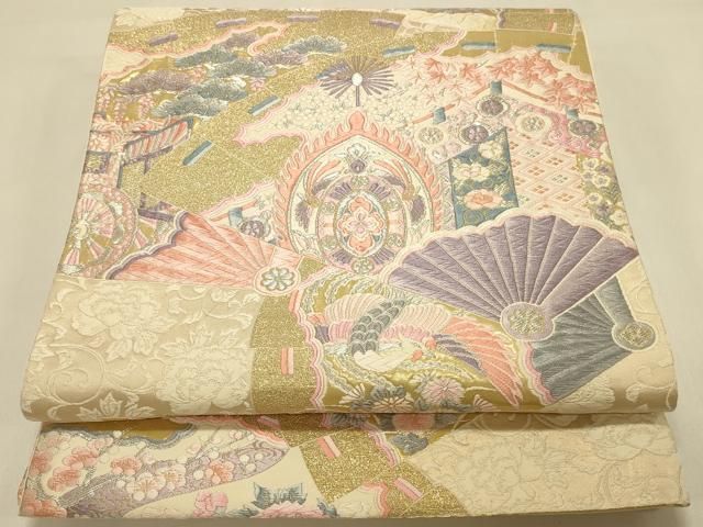 平和屋本店▼六通柄袋帯　唐織　しよう美　扇面花文　九百錦24金箔　正絹　逸品　DABL9259op