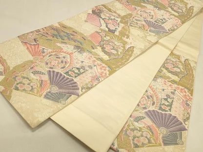 平和屋本店▼六通柄袋帯　唐織　しよう美　扇面花文　九百錦24金箔　正絹　逸品　DABL9259op