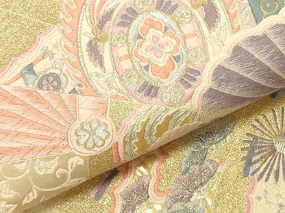 平和屋本店▼六通柄袋帯　唐織　しよう美　扇面花文　九百錦24金箔　正絹　逸品　DABL9259op