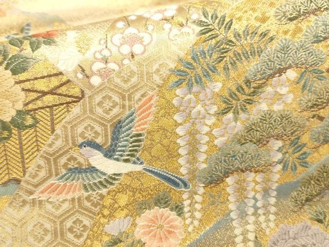 平和屋本店▼六通柄袋帯　唐織　遠山錦鶏文　本金箔　正絹　逸品　DABL9260op