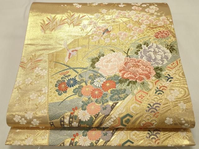 平和屋本店▼六通柄袋帯　唐織　聚春扇水文　本金箔　正絹　逸品　DABL9268op