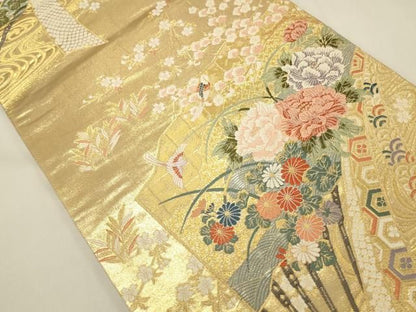 平和屋本店▼六通柄袋帯　唐織　聚春扇水文　本金箔　正絹　逸品　DABL9268op