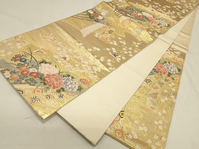 平和屋本店▼六通柄袋帯　唐織　聚春扇水文　本金箔　正絹　逸品　DABL9268op
