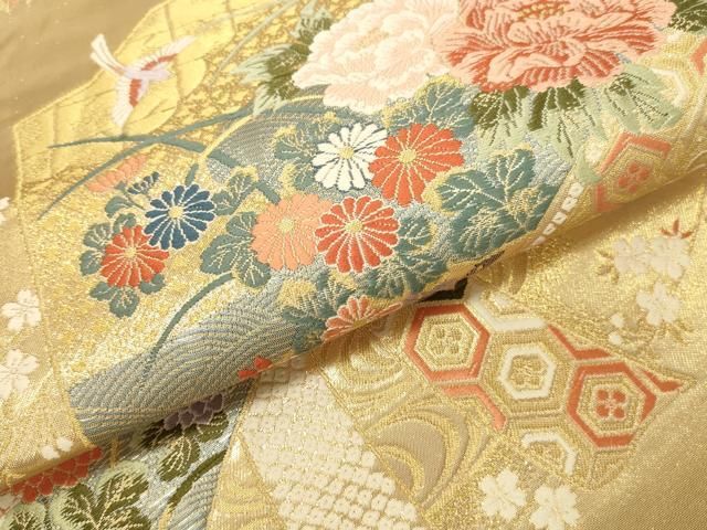 平和屋本店▼六通柄袋帯　唐織　聚春扇水文　本金箔　正絹　逸品　DABL9268op