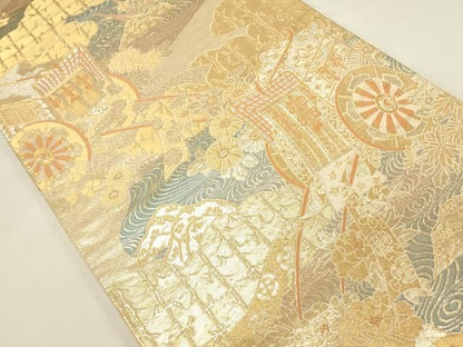 平和屋本店▼六通柄袋帯　唐織　御所車　純金箔二重織　正絹　逸品　DABL9271op