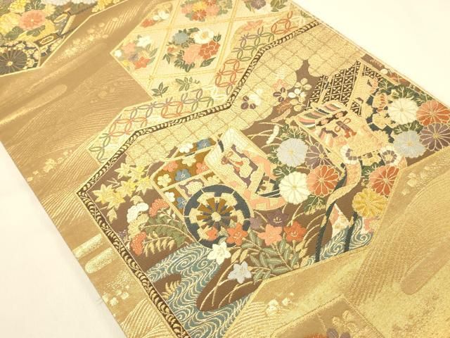 平和屋本店▼六通柄袋帯　唐織　御所車屏風花文　全通箔織　本金箔　正絹　逸品　DABL9277op