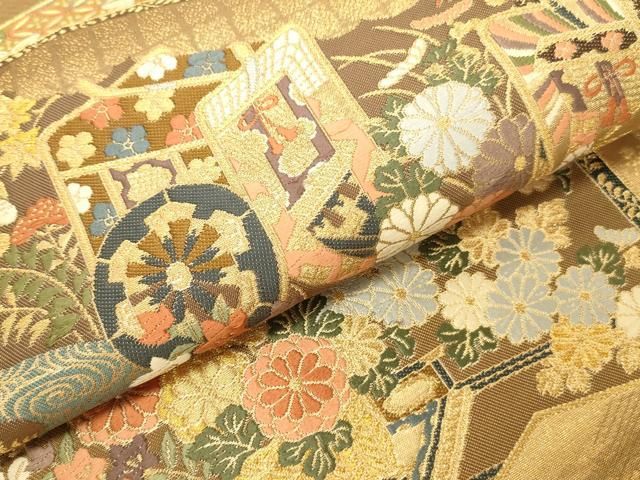 平和屋本店▼六通柄袋帯　唐織　御所車屏風花文　全通箔織　本金箔　正絹　逸品　DABL9277op