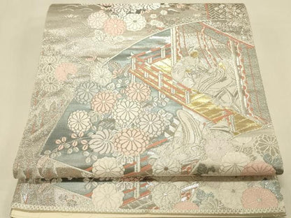 平和屋本店▼六通柄袋帯　平安人物風景花文　本金二丁箔　正絹　逸品　DABL9278op
