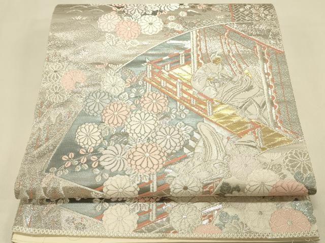 平和屋本店▼六通柄袋帯　平安人物風景花文　本金二丁箔　正絹　逸品　DABL9278op