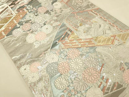 平和屋本店▼六通柄袋帯　平安人物風景花文　本金二丁箔　正絹　逸品　DABL9278op