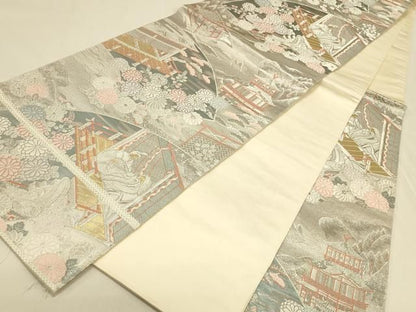 平和屋本店▼六通柄袋帯　平安人物風景花文　本金二丁箔　正絹　逸品　DABL9278op