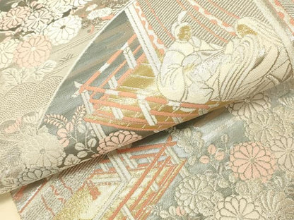 平和屋本店▼六通柄袋帯　平安人物風景花文　本金二丁箔　正絹　逸品　DABL9278op
