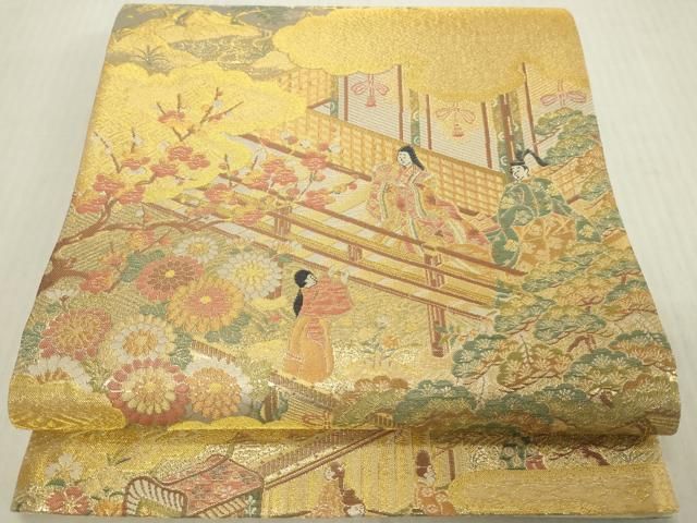 平和屋本店▼全通柄袋帯　風景人物文　本金弐重箔　正絹　逸品　DABL9361op