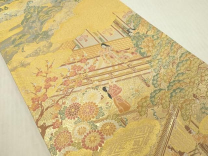平和屋本店▼全通柄袋帯　風景人物文　本金弐重箔　正絹　逸品　DABL9361op
