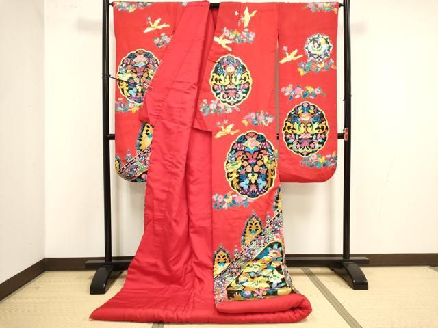 平和屋本店●本手描友禅作家　秋山章　色打掛　お引きずり　和装　婚礼　結婚式　花嫁　神社挙式　向かい鳥花鳥文　金彩　逸品　DABM1752cd