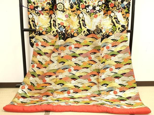 平和屋本店●色打掛　お引きずり　和装　婚礼　結婚式　花嫁　神社挙式　唐織　飛鶴吉祥花文　黒地　金糸　逸品　DABM1762cd