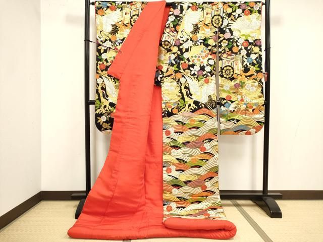 平和屋本店●色打掛　お引きずり　和装　婚礼　結婚式　花嫁　神社挙式　唐織　飛鶴吉祥花文　黒地　金糸　逸品　DABM1762cd