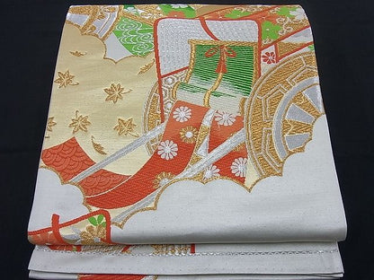 平和屋着物■六通柄袋帯 唐織 雲取り御所車 金銀糸 逸品 n-di0145