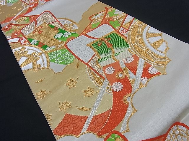 平和屋着物■六通柄袋帯 唐織 雲取り御所車 金銀糸 逸品 n-di0145
