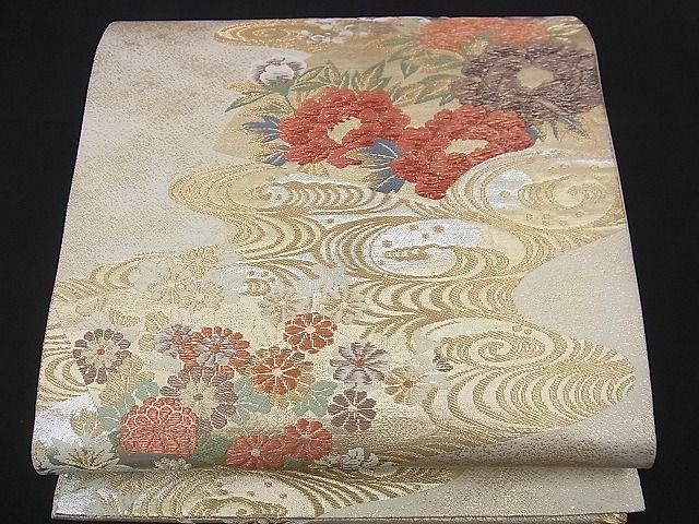平和屋着物■六通柄袋帯 飛翔錦 流水地紙牡丹花文 金糸 逸品 n-di0266