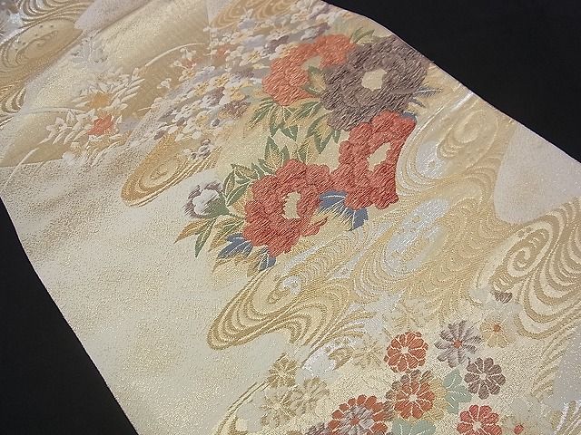 平和屋着物■六通柄袋帯 飛翔錦 流水地紙牡丹花文 金糸 逸品 n-di0266