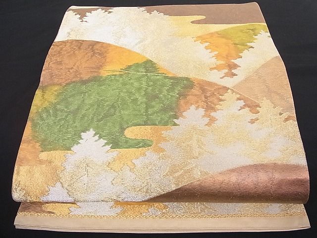 平和屋着物■六通柄袋帯 風景文 金銀糸 正絹 逸品 A-dp3844