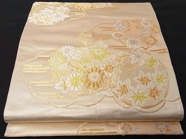 平和屋着物■六通柄袋帯 唐織 雲取り草花文 金銀糸 正絹 逸品 A-dp3940