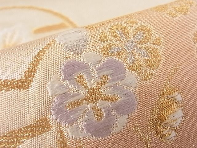 平和屋着物■六通柄袋帯 唐織 雲取り草花文 金銀糸 正絹 逸品 A-dp3940