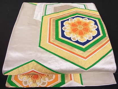 平和屋着物■六通柄袋帯 唐織 亀甲花文 金銀糸 正絹 逸品 A-dp3955