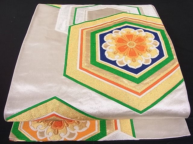 平和屋着物■六通柄袋帯 唐織 亀甲花文 金銀糸 正絹 逸品 A-dp3955