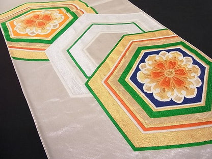 平和屋着物■六通柄袋帯 唐織 亀甲花文 金銀糸 正絹 逸品 A-dp3955