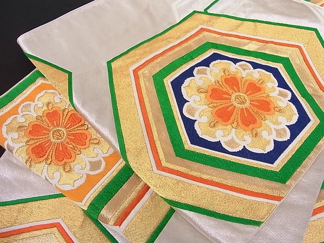 平和屋着物■六通柄袋帯 唐織 亀甲花文 金銀糸 正絹 逸品 A-dp3955