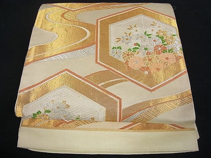 平和屋着物■六通柄袋帯 流水亀甲花文 金銀糸 du1313