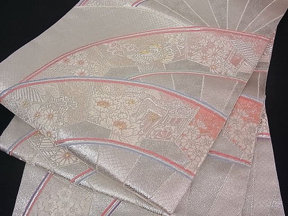 平和屋着物■佐賀錦 六通柄袋帯 御所車花鳥文 銀糸 逸品 du1404