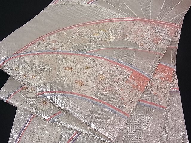 平和屋着物■佐賀錦 六通柄袋帯 御所車花鳥文 銀糸 逸品 du1404