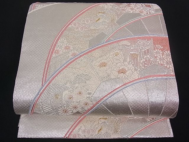 平和屋着物■佐賀錦 六通柄袋帯 御所車花鳥文 銀糸 逸品 du1404