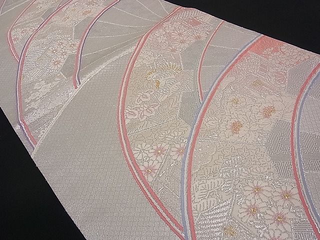 平和屋着物■佐賀錦 六通柄袋帯 御所車花鳥文 銀糸 逸品 du1404