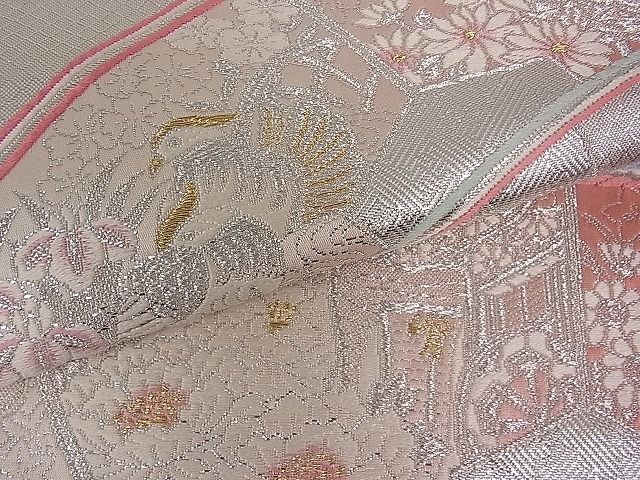 平和屋着物■佐賀錦 六通柄袋帯 御所車花鳥文 銀糸 逸品 du1404