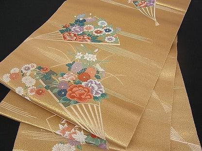 平和屋着物■六通柄袋帯 唐織 扇面草花文 金糸 逸品 du1406