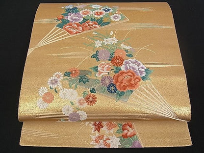 平和屋着物■六通柄袋帯 唐織 扇面草花文 金糸 逸品 du1406
