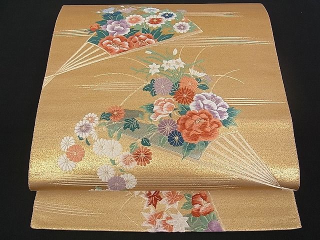 平和屋着物■六通柄袋帯 唐織 扇面草花文 金糸 逸品 du1406