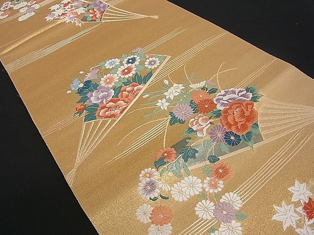 平和屋着物■六通柄袋帯 唐織 扇面草花文 金糸 逸品 du1406