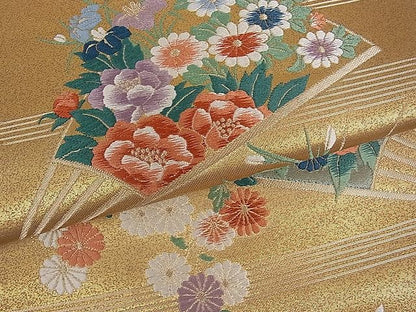 平和屋着物■六通柄袋帯 唐織 扇面草花文 金糸 逸品 du1406