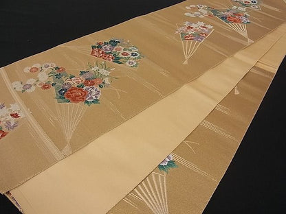 平和屋着物■六通柄袋帯 唐織 扇面草花文 金糸 逸品 du1406