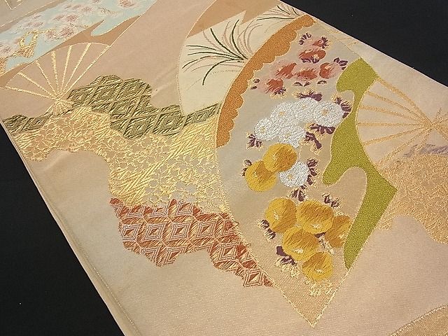 平和屋着物■六通柄袋帯 道長扇面草花文 金銀糸 逸品 du1417