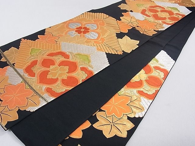 平和屋着物■六通柄袋帯 松葉花文 黒地 金銀糸 逸品 du1641